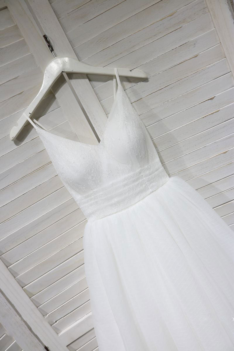 White v neck tulle lace tea Length prom dress, white bridesmaid dress