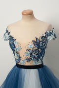 Blue v neck tulle lace long prom dress, blue evening dress