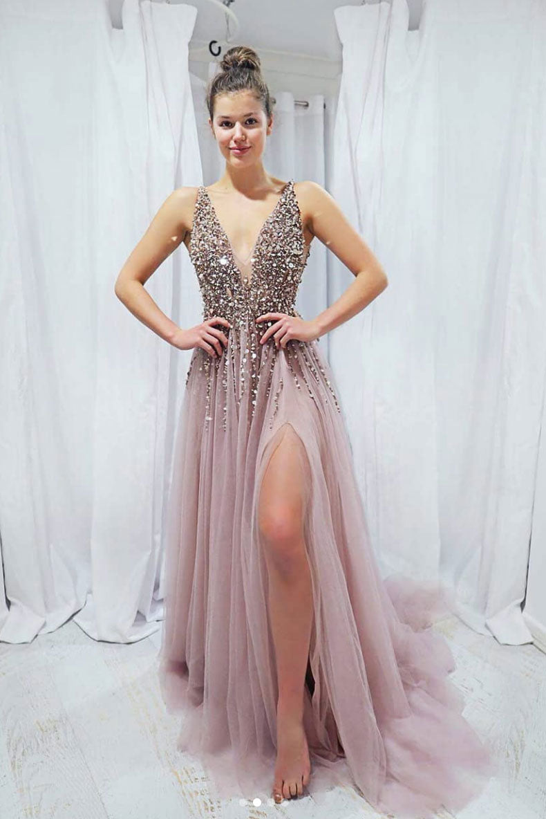 Pink v neck sequin beads long prom dress, pink evening dress