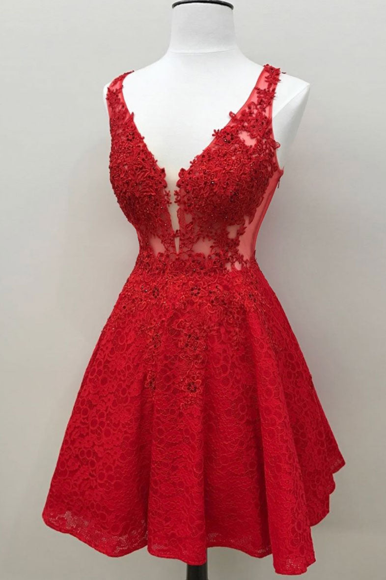 Red v neck lace short prom dress, red homecoming dress Red v neck lace short prom dress, red homecoming dress