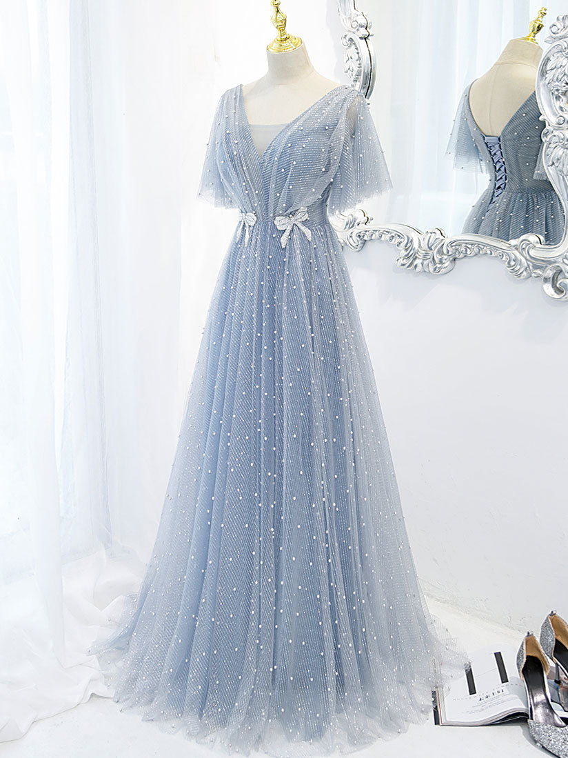 Blue v neck tulle beads long prom dress, blue tulle formal dress