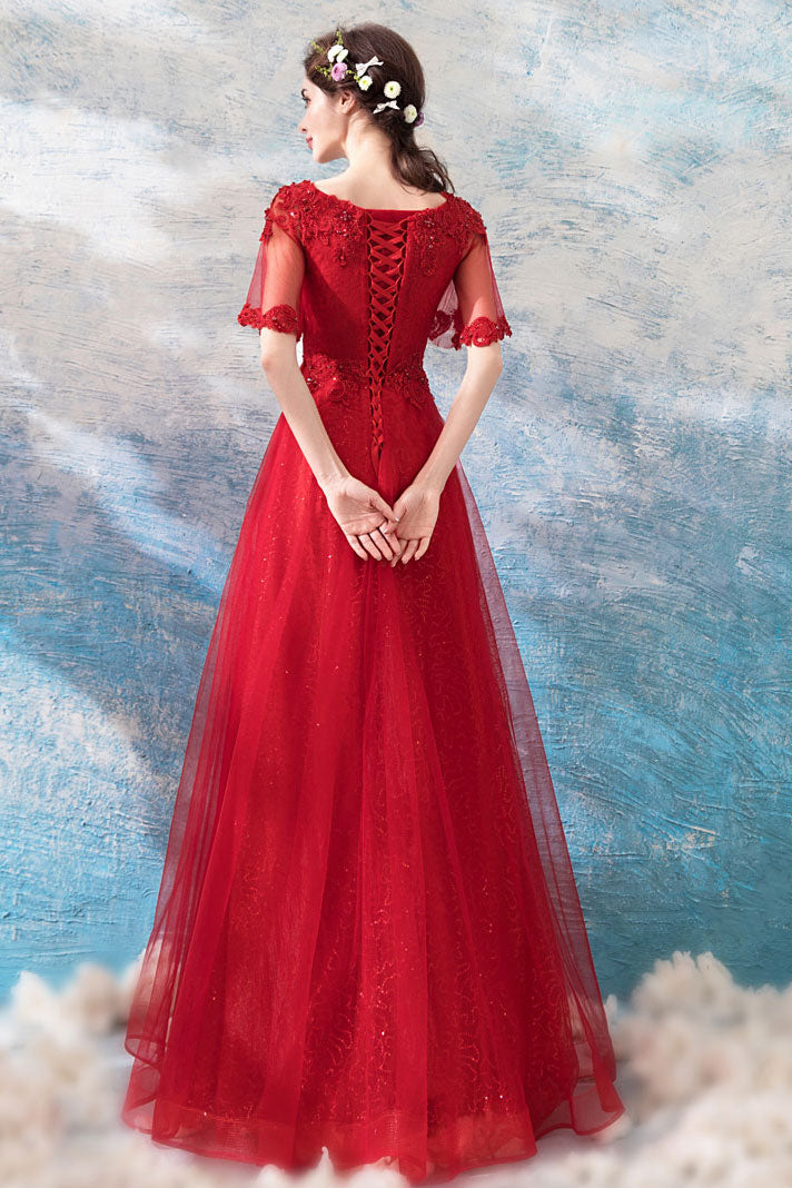 Burgundy v neck tulle lace long prom dress, burgundy tulle formal dress