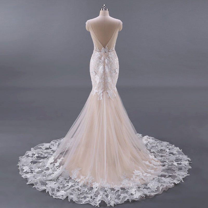 Unique champagne tulle lace long prom dress, unique evening dress