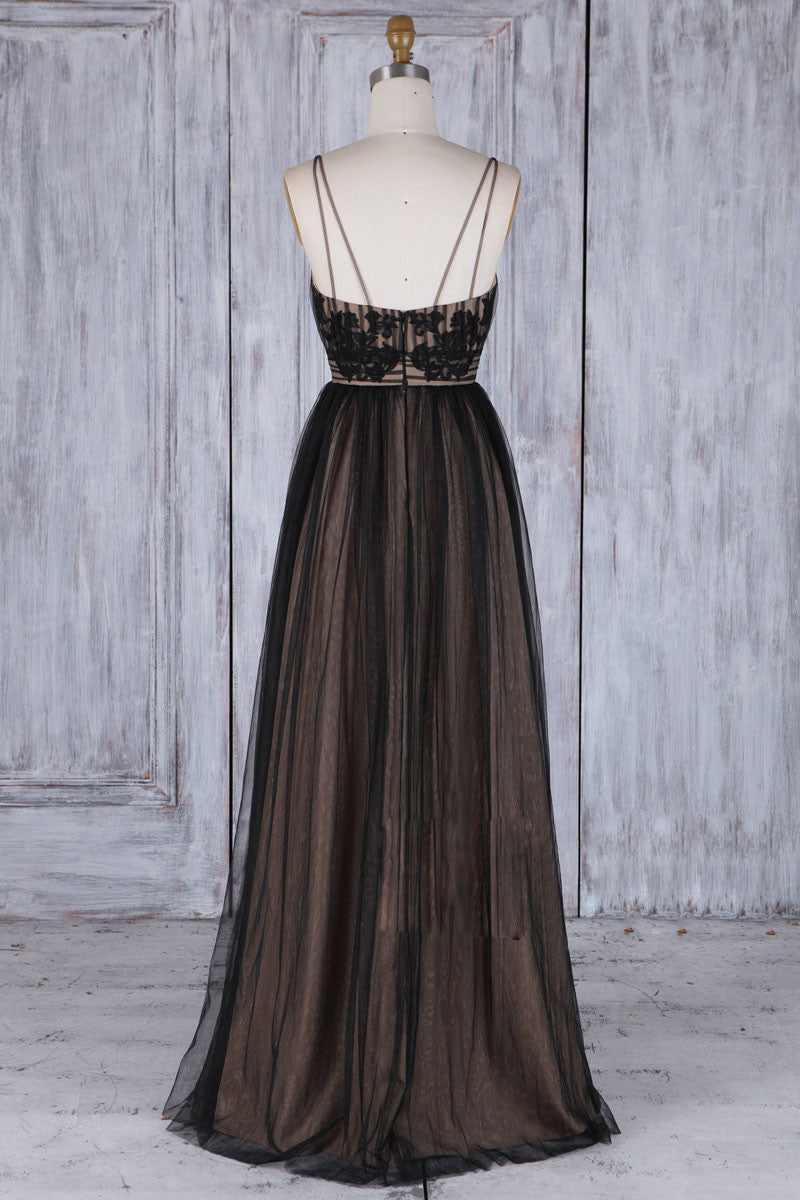 Black v neck lace tulle long prom dress, black bridesmaid dress