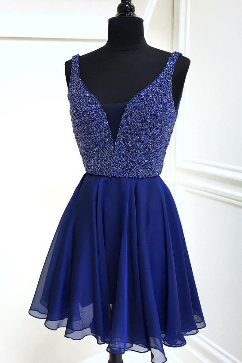Blue v neck chiffon short prom dress, blue homecoming dress dresstby Blue v neck chiffon short prom dress, blue homecoming dress dresstby