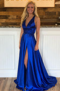 Simple v neck blue satin long prom dress blue formal dress