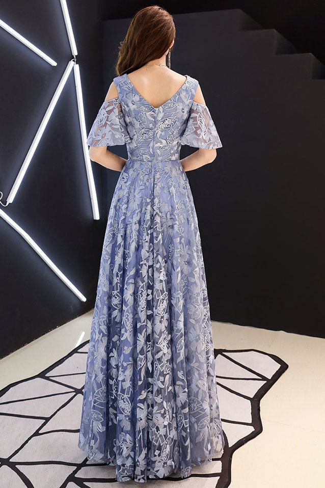 Blue v neck tulle lace long prom dress blue lace formal dress