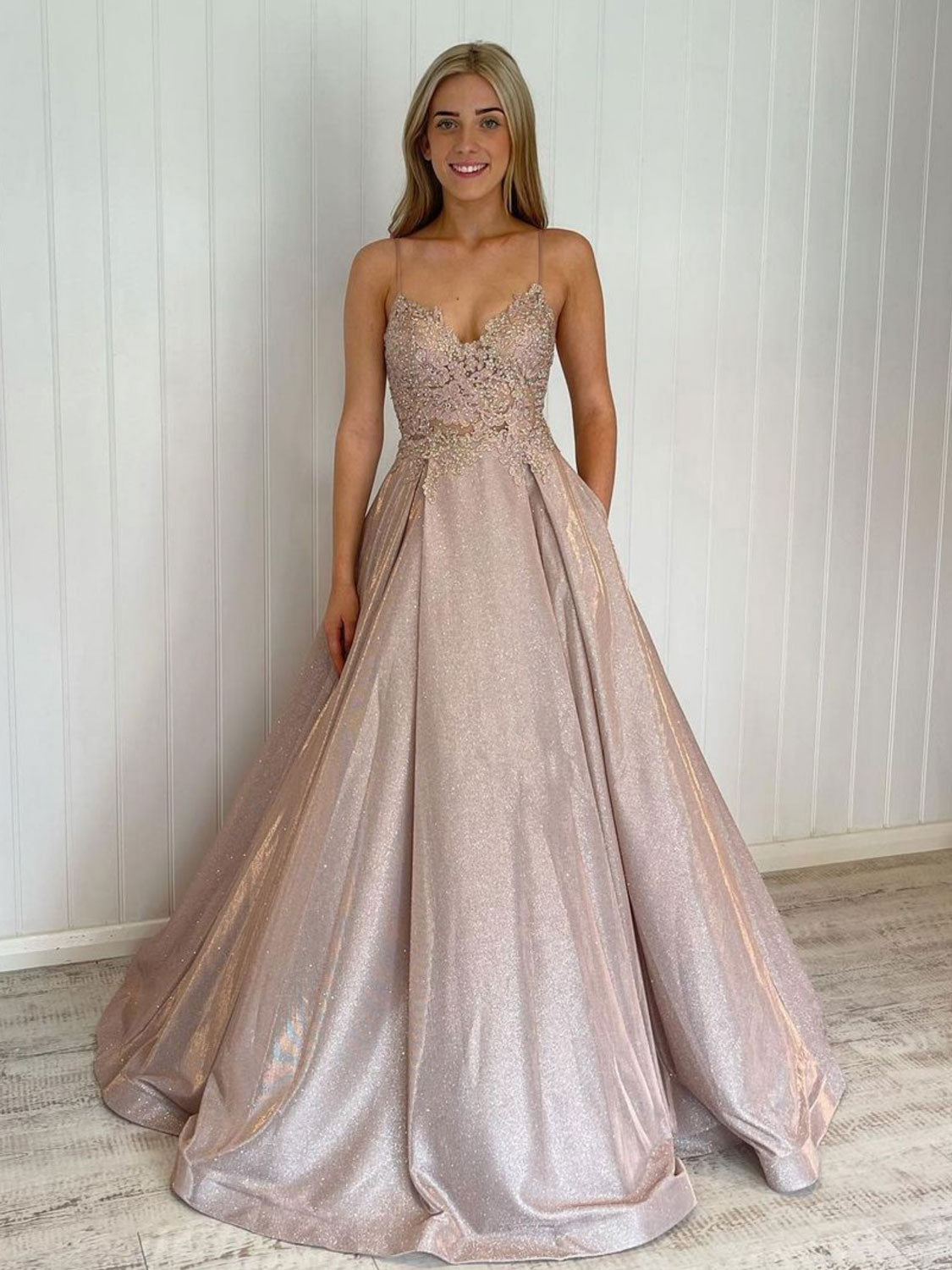 Champagne lace A line satin long prom dress, evening dress dresstby Champagne lace A line satin long prom dress, evening dress dresstby