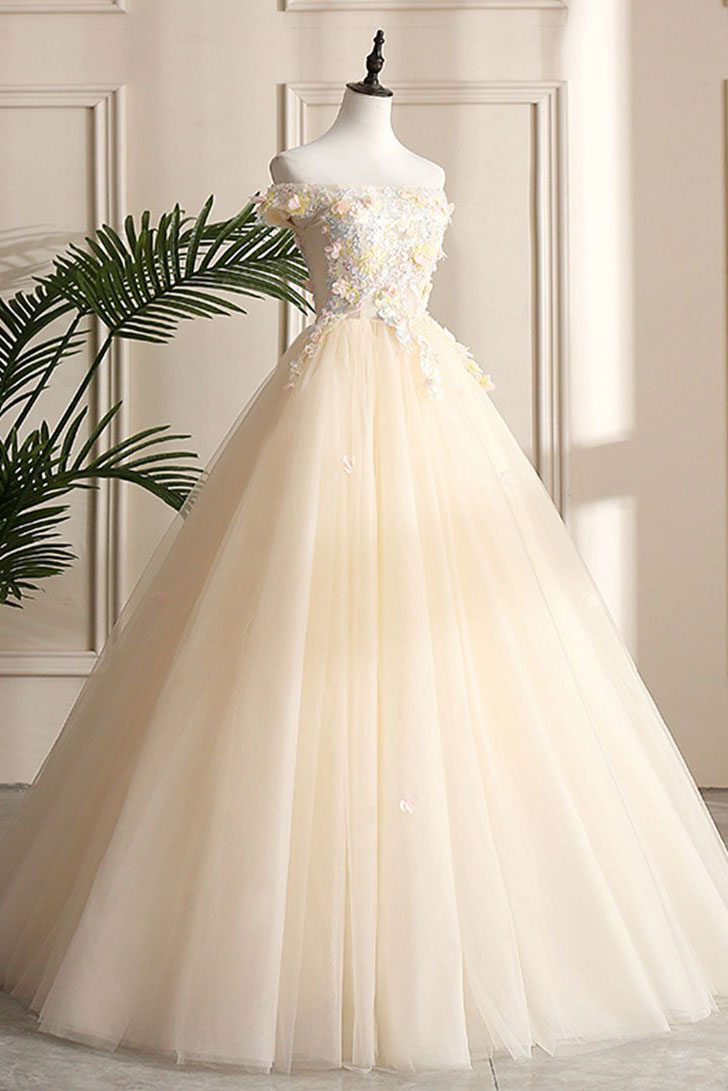 Champagne tulle lace long prom dress, champagne evening dress