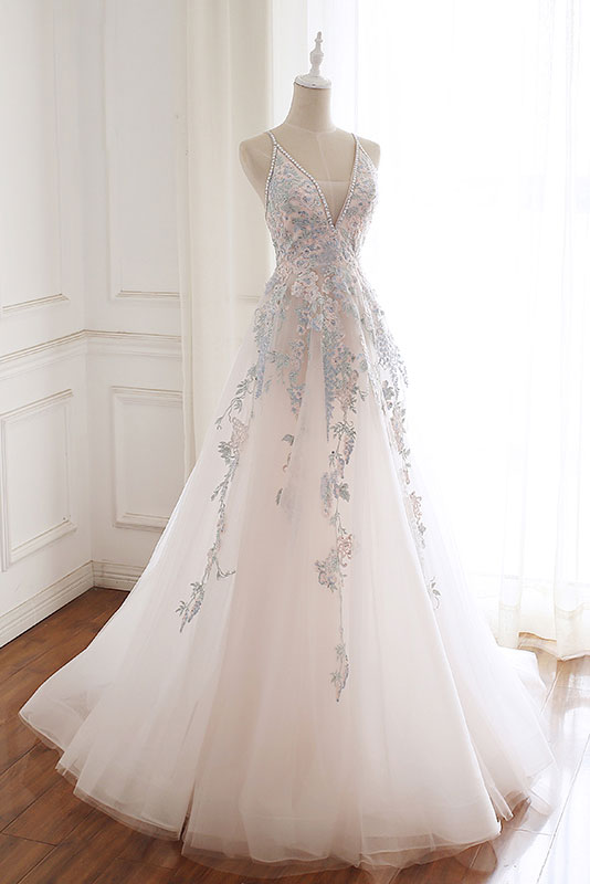 White v neck tulle lace long prom dress, white evening dress
