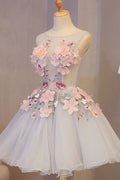 Cute round neck applique short prom dress, homecoming dress