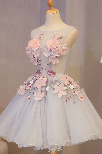 Cute round neck applique short prom dress, homecoming dress