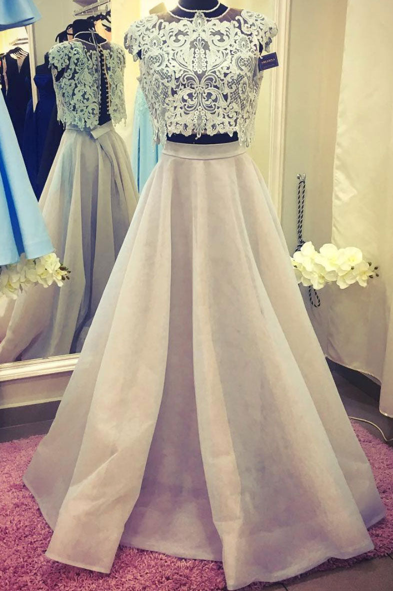 Unique champagne lace two pieces long prom dress, lace evening dress dresstby Unique champagne lace two pieces long prom dress, lace evening dress dresstby