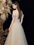 Champagne tulle sequin long prom dress, tulle formal dress