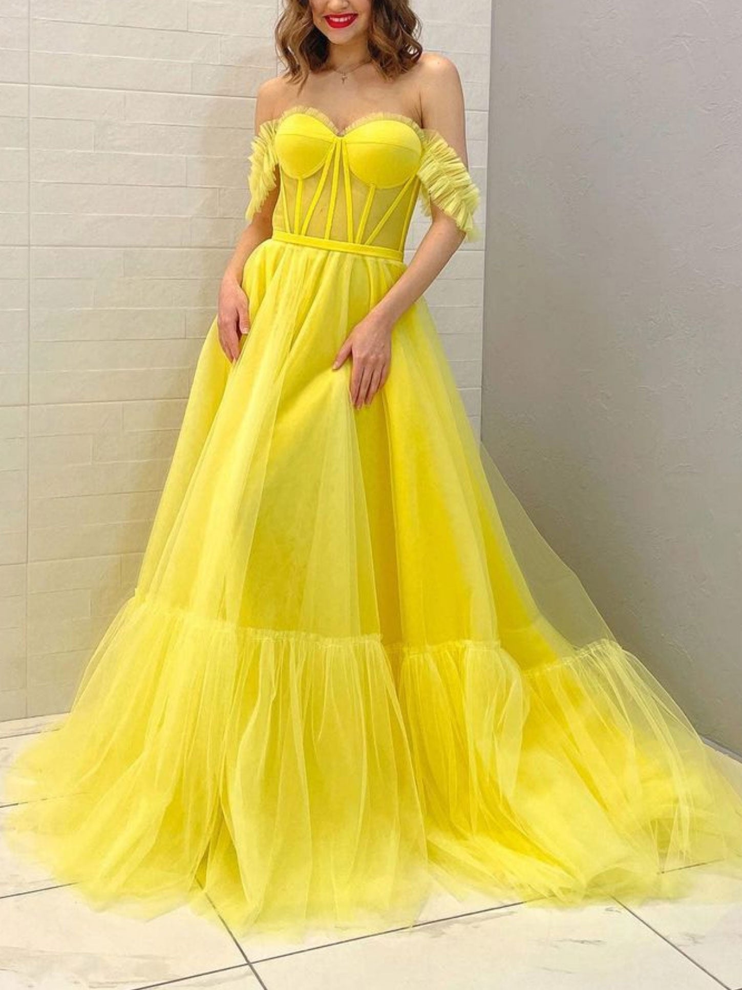 yellow off shoulder prom dress A Line V Neck Off Shoulder Yellow Prom Dress with Leg Slit, Yellow Lon jbydress