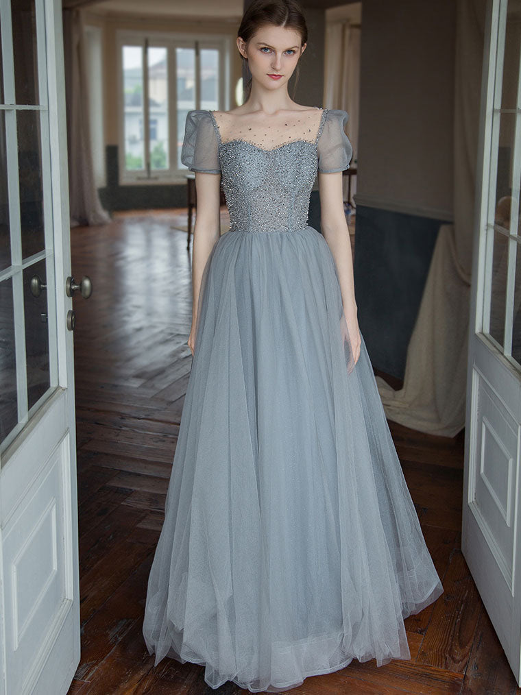 Gray tulle beads long prom dress, tulle long sweet 16 dress dresstby Gray tulle beads long prom dress, tulle long sweet 16 dress dresstby