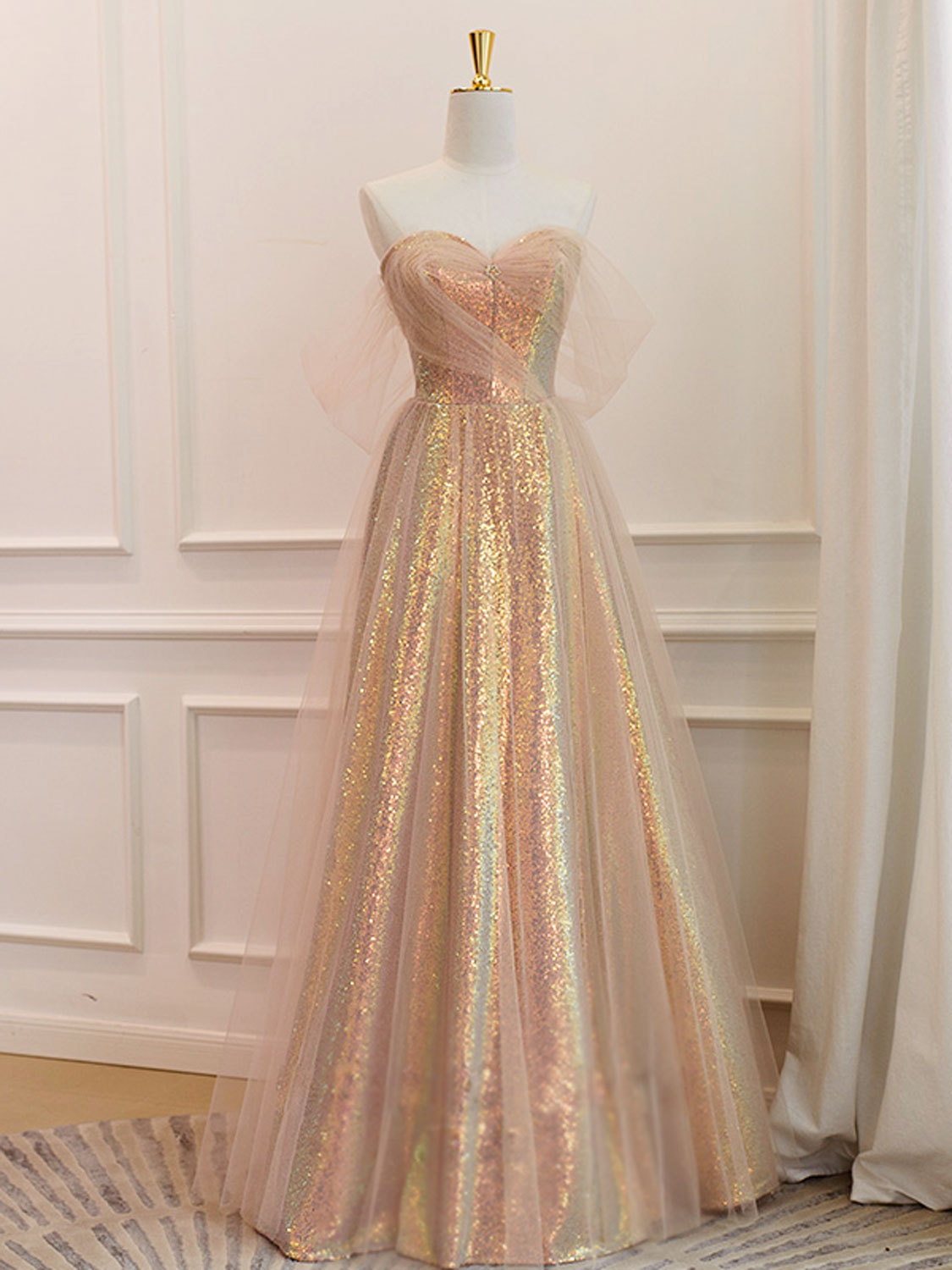 A-Line Sweetheart Neck Gold Sequin Long Prom Dress, Gold Evening Dress dresstby A-Line Sweetheart Neck Gold Sequin Long Prom Dress, Gold Evening Dress dresstby
