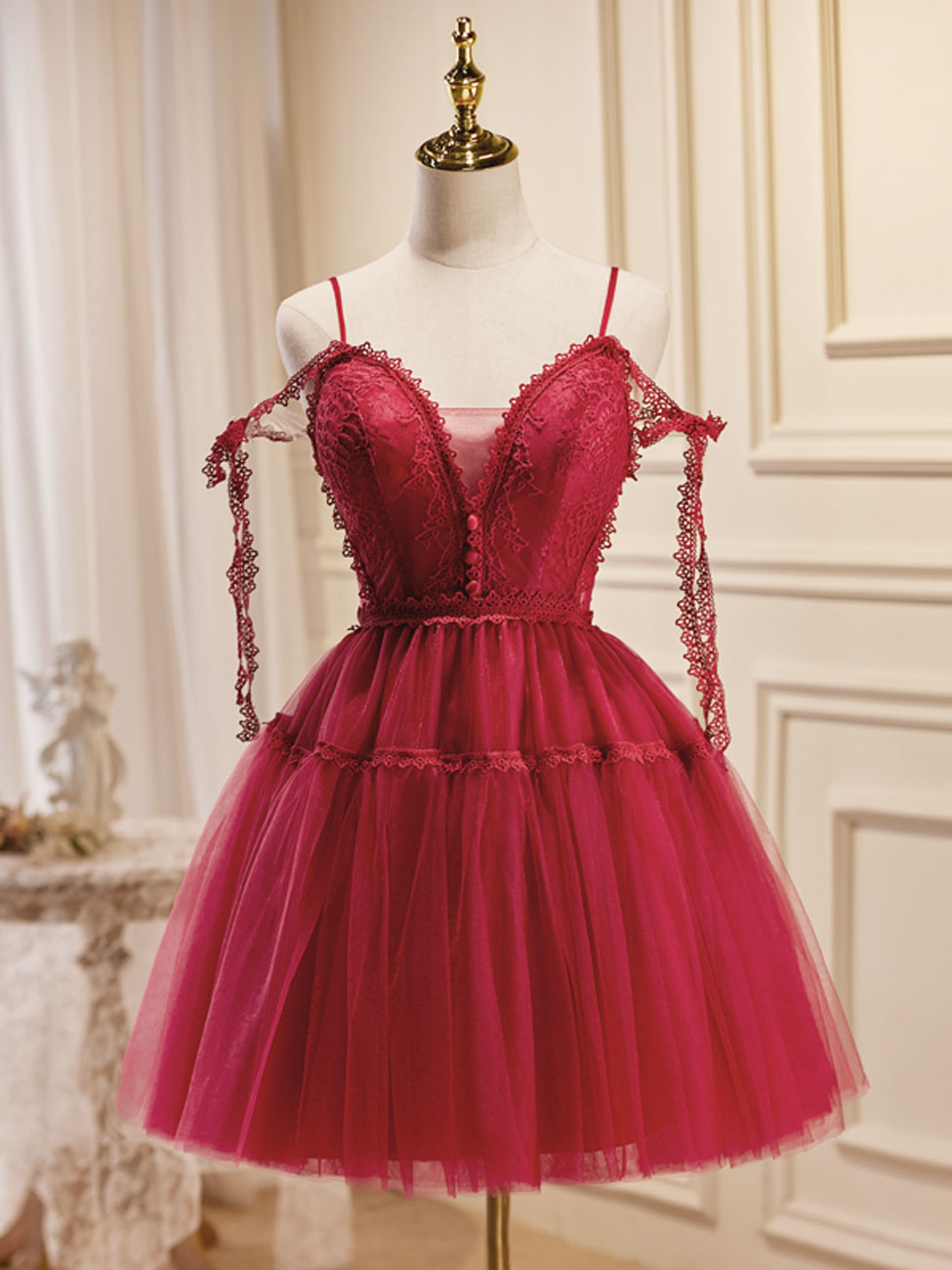 A-Line Burgundy Lace Short Prom Dress, Burgundy Homecoming Dresses A-Line Burgundy Lace Short Prom Dress, Burgundy Homecoming Dresses