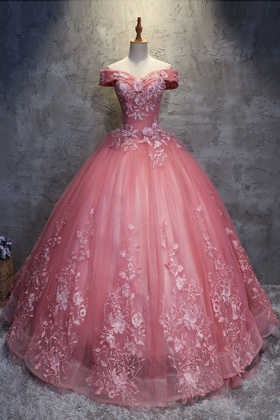 Pink sweetheart off shoulder lace tulle long prom gown sweet 16 dress