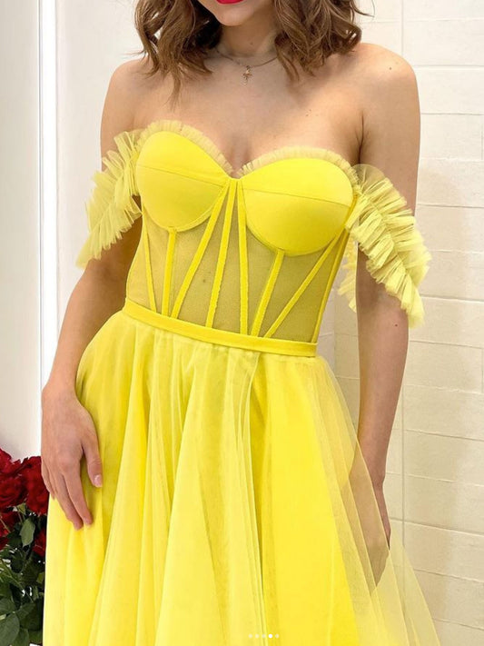 Yellow off shoulder tulle long prom dress, yellow tulle evening dress