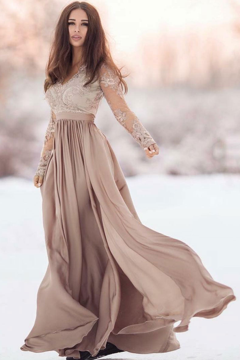 Champagne chiffon lace long prom dress, champagne bridesmaid dress dresstby Champagne chiffon lace long prom dress, champagne bridesmaid dress dresstby