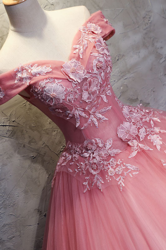 Pink sweetheart off shoulder lace tulle long prom gown sweet 16 dress