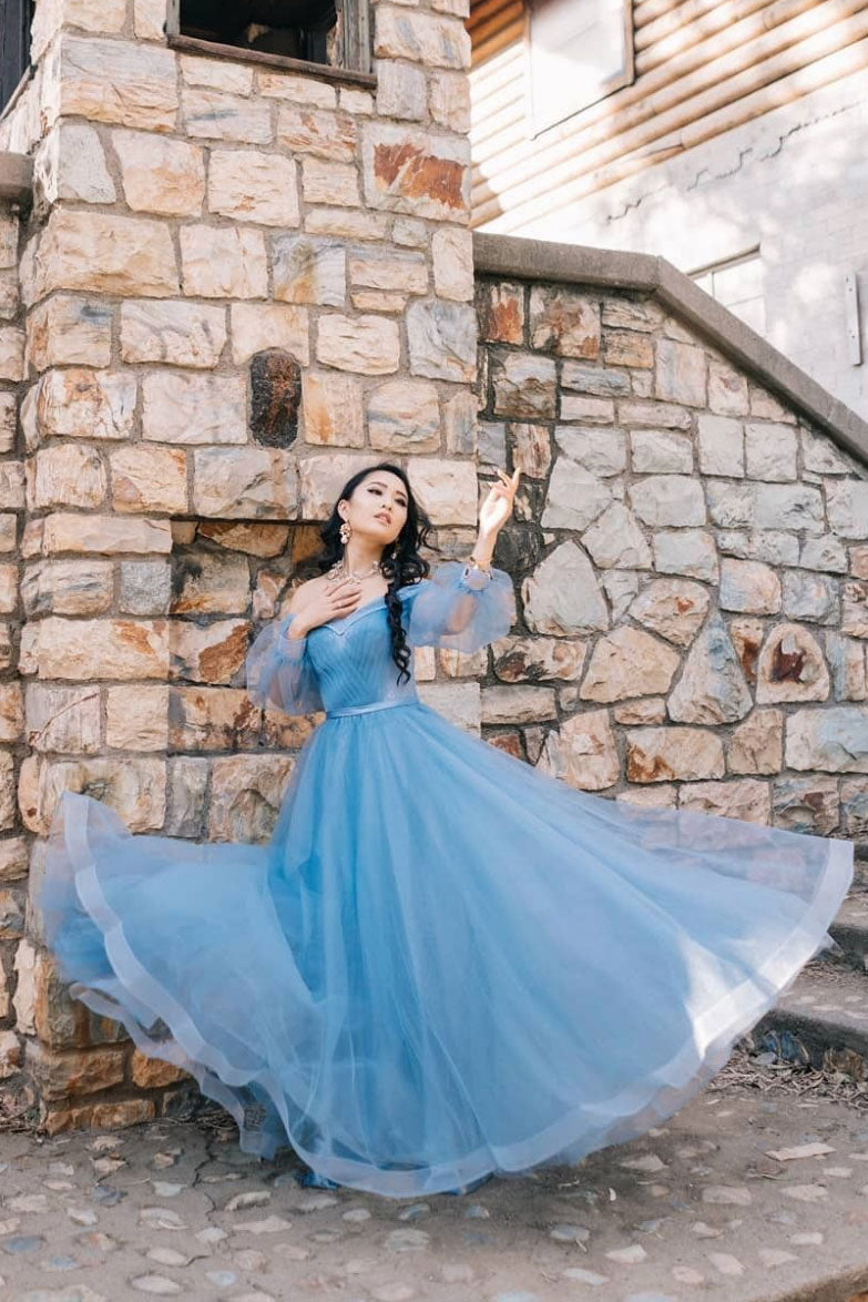 Blue tulle long prom dress, simple blue tulle evening dress