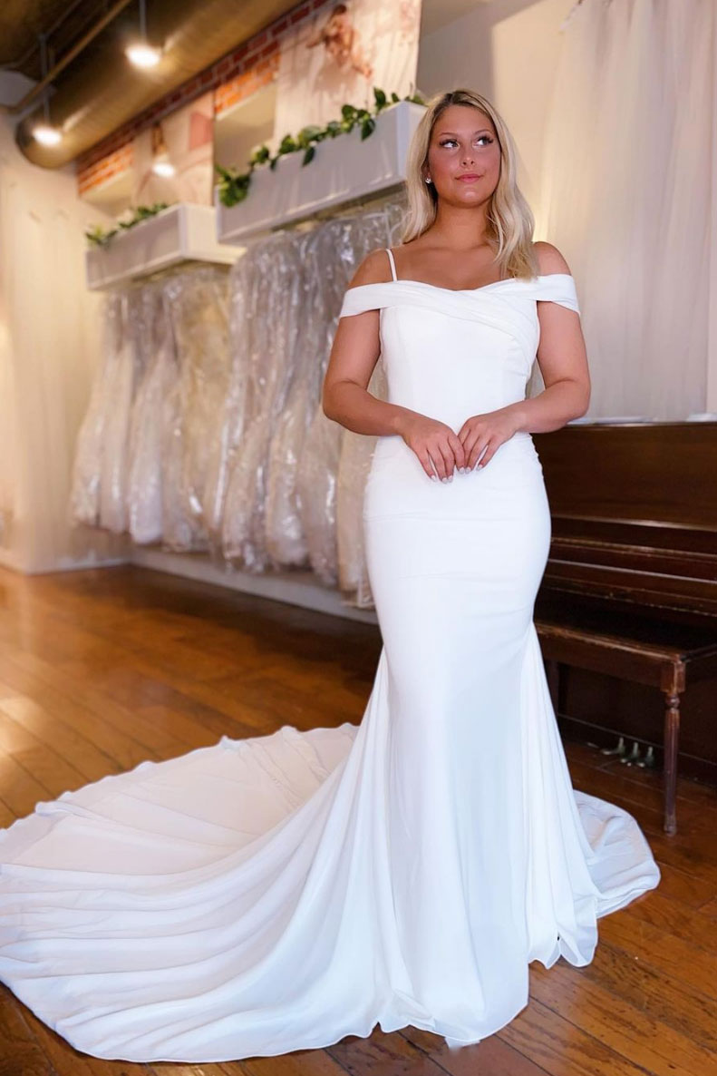 White satin mermaid long prom dress white evening dress