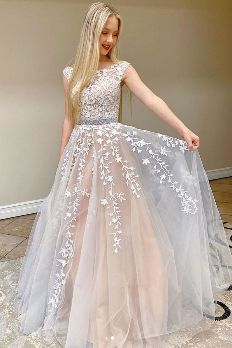 champagne and white prom dress A-line Champagne Lace Appliqued Gold Sash Cap Sleeves Prom Dresses SWD0019