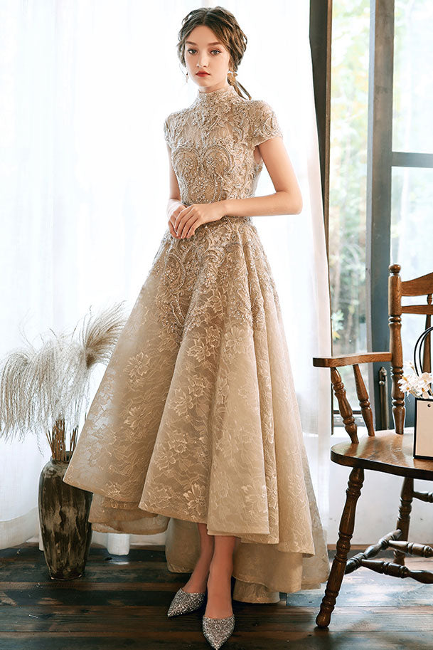 Light champagne lace satin prom dress champagne evening dress – dresstby Light champagne lace satin prom dress champagne evening dress – dresstby