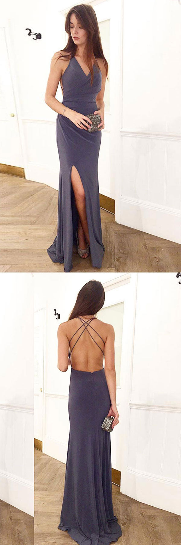 Simple v neck backless long prom dress evening dress