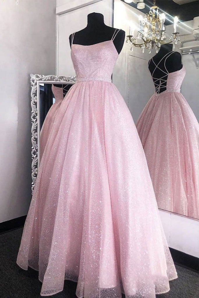 Pink tulle sequin long prom dress pink tulle formal dress