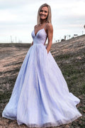 Purple v neck tulle sequin long prom dress purple tulle formal dress