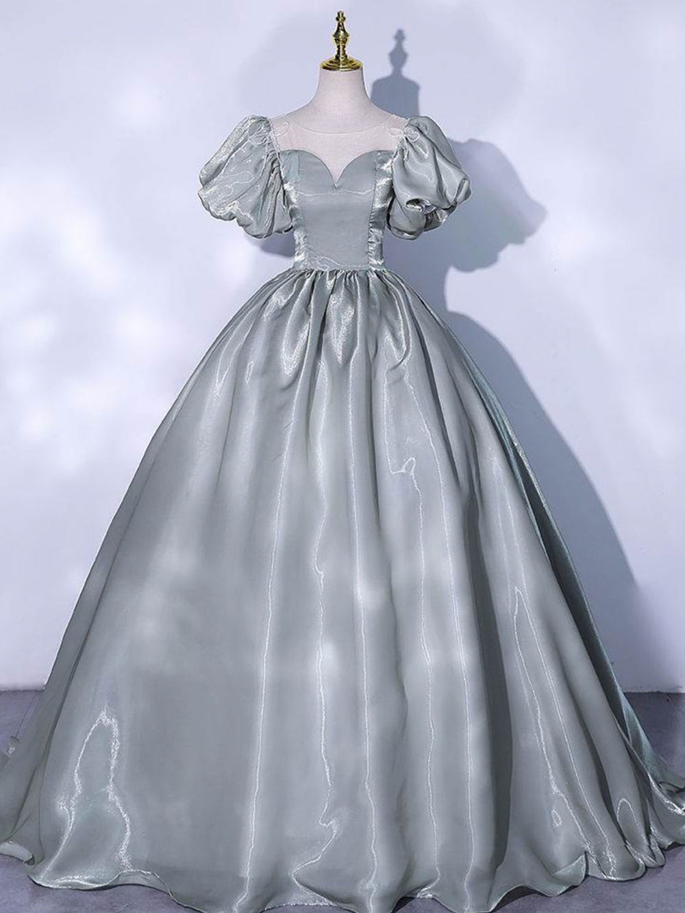 Gray round neck satin long prom dress, gray sweet 16 dress