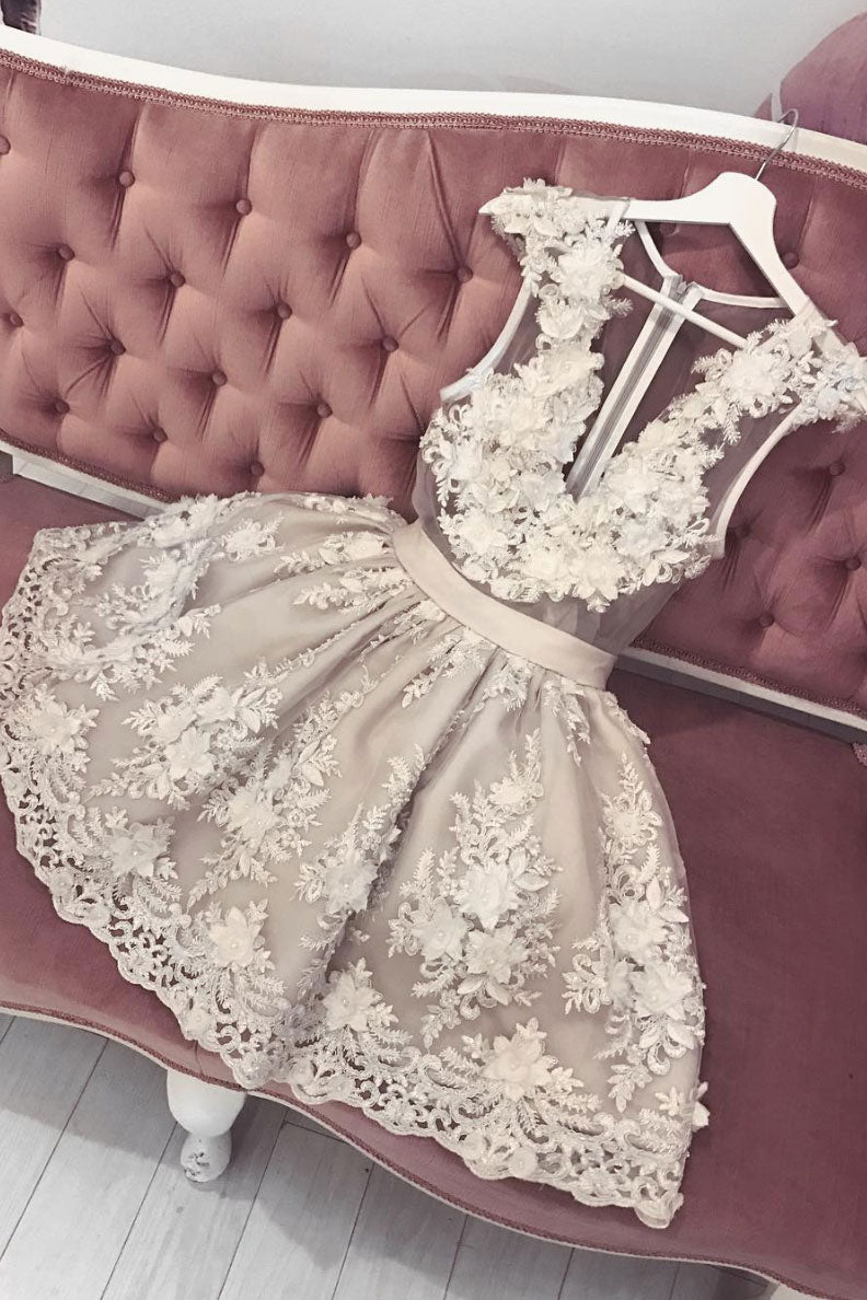Cute v neck tulle lace short prom dress, lace homecoming dress