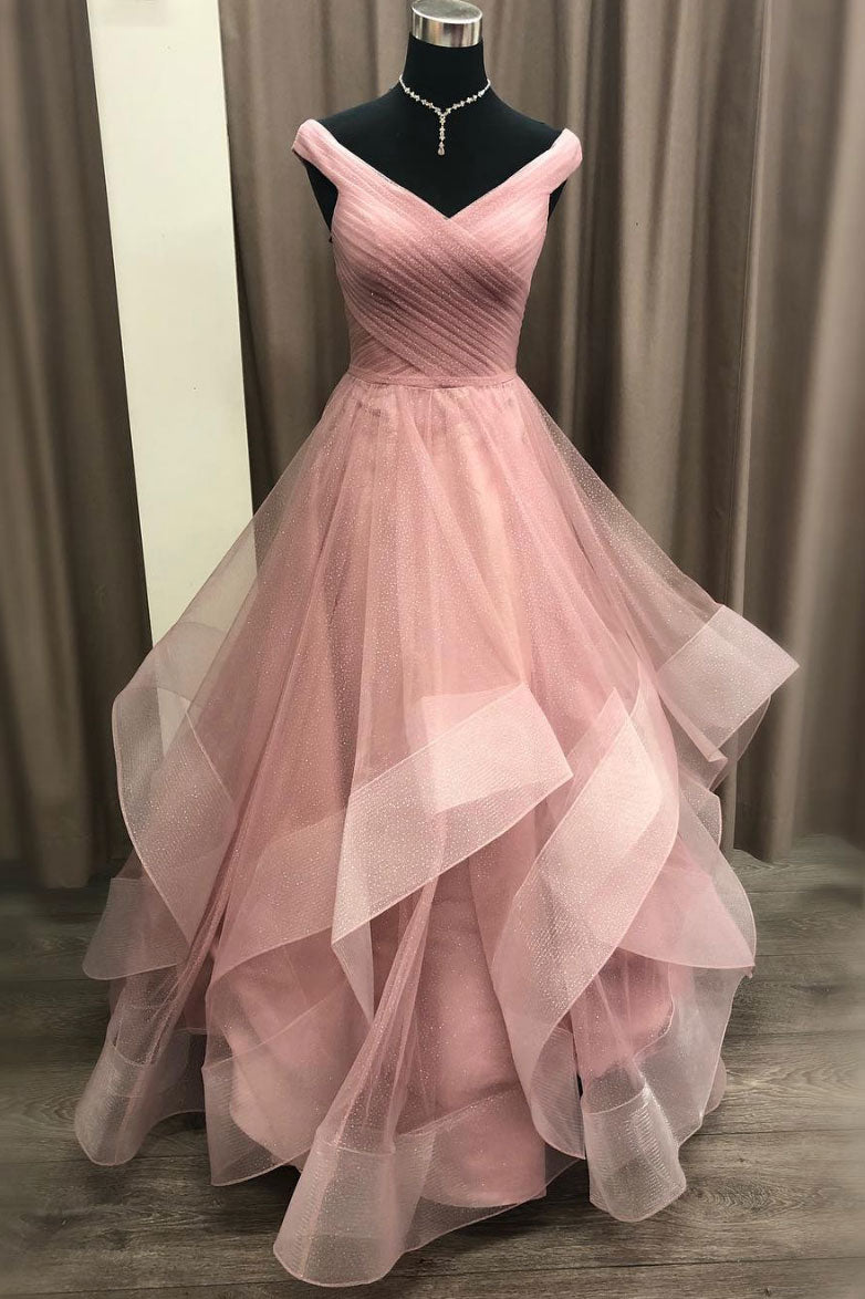 Pink tulle long prom dress, pink tulle evening dress