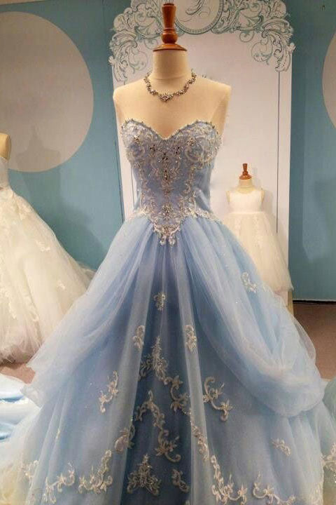 Blue sweetheart neck tulle lace aaplique long prom dress, blue evening dress