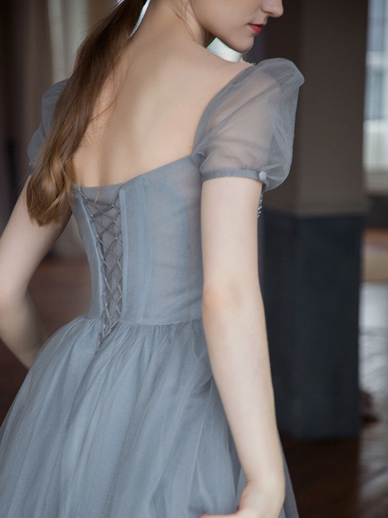 Gray tulle beads long prom dress, tulle long sweet 16 dress