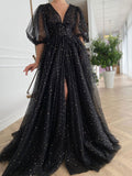 Black v neck tulle long prom dress, black evening dress