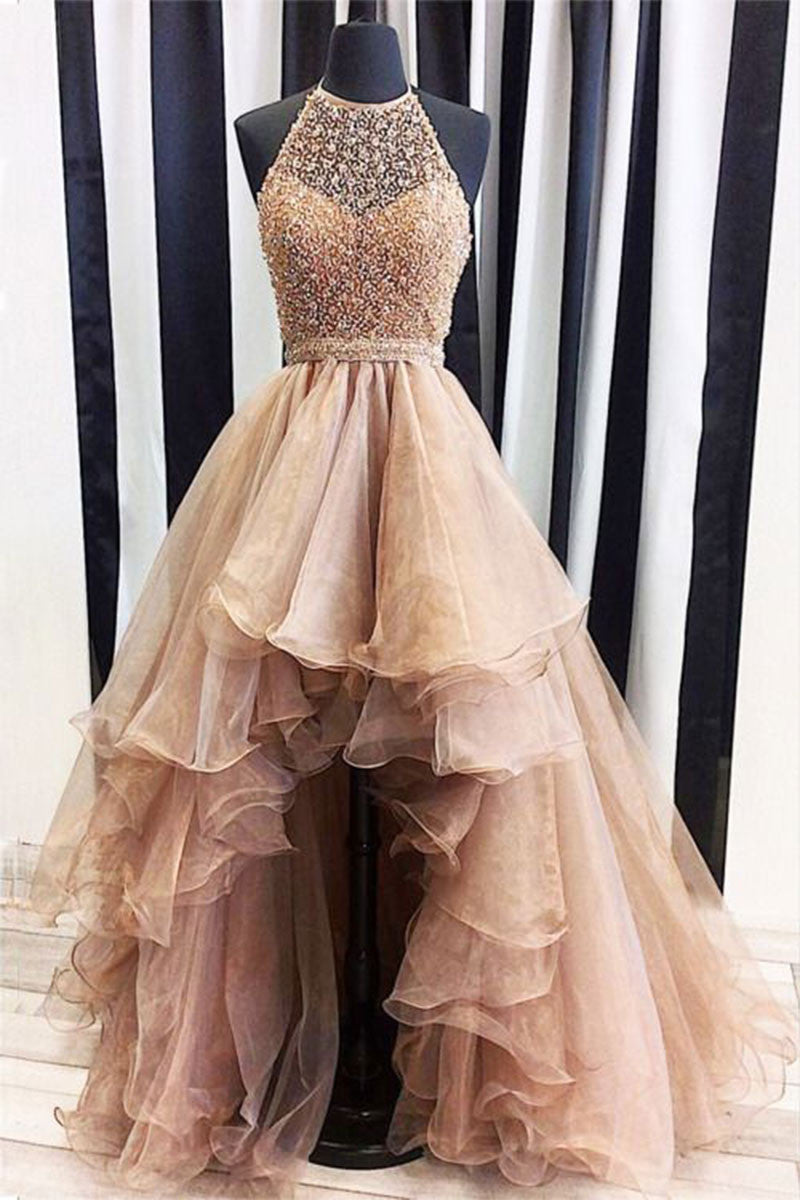 Champagne tulle beads high low prom dress, champagne evening dress dresstby Champagne tulle beads high low prom dress, champagne evening dress dresstby