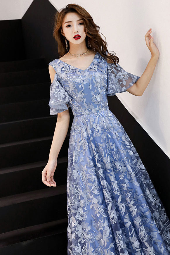 Blue v neck tulle lace long prom dress blue lace formal dress