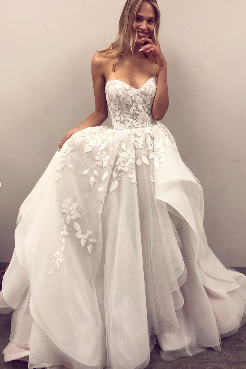 White sweetheart tulle lace long prom dress white formal dress