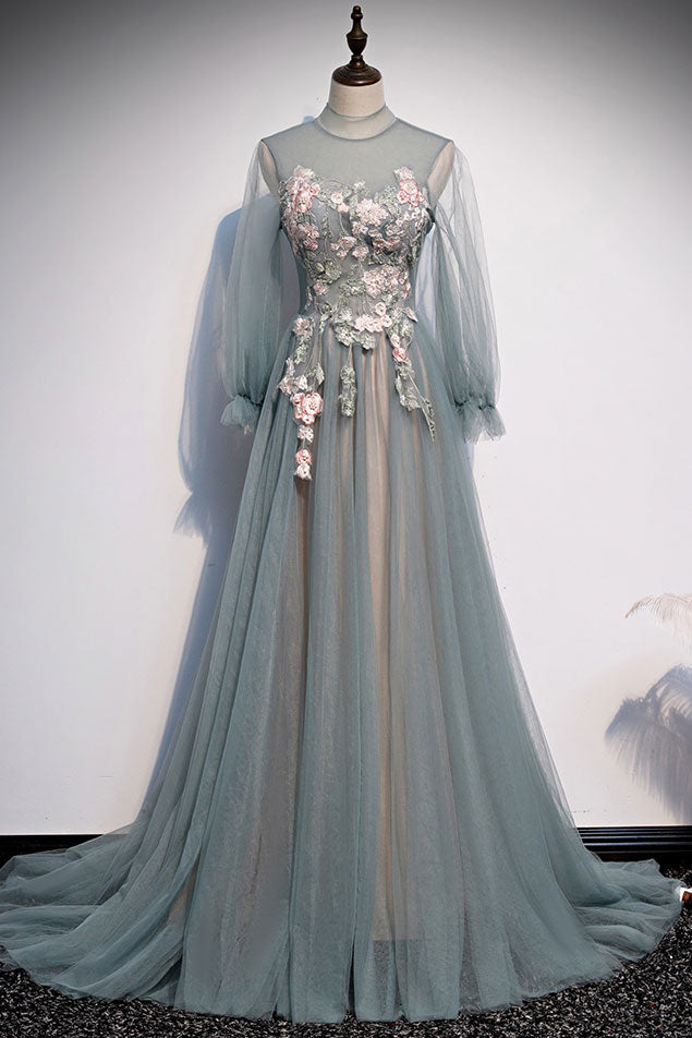 Unique A-line tulle lace long prom dress tulle lace formal dress