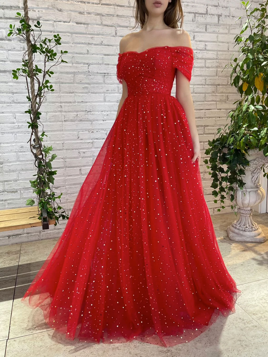 Simple red tulle off shoulder long prom dress, red tulle formal