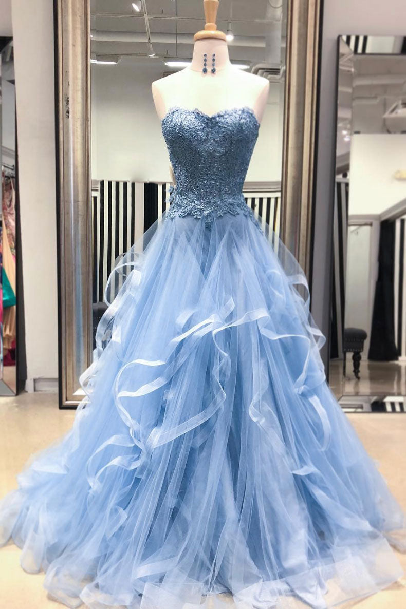 Blue sweetheart neck tulle lace long prom dress, blue lace evening dre Blue sweetheart neck tulle lace long prom dress, blue lace evening dre