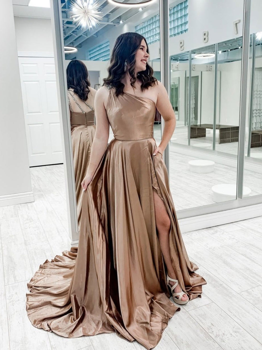 Simple one shoulder satin long prom dress, champagne evening dress