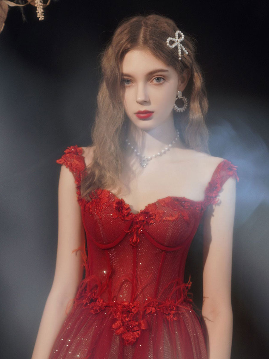 Burgundy A line tulle long prom dress, burgundy evening dress