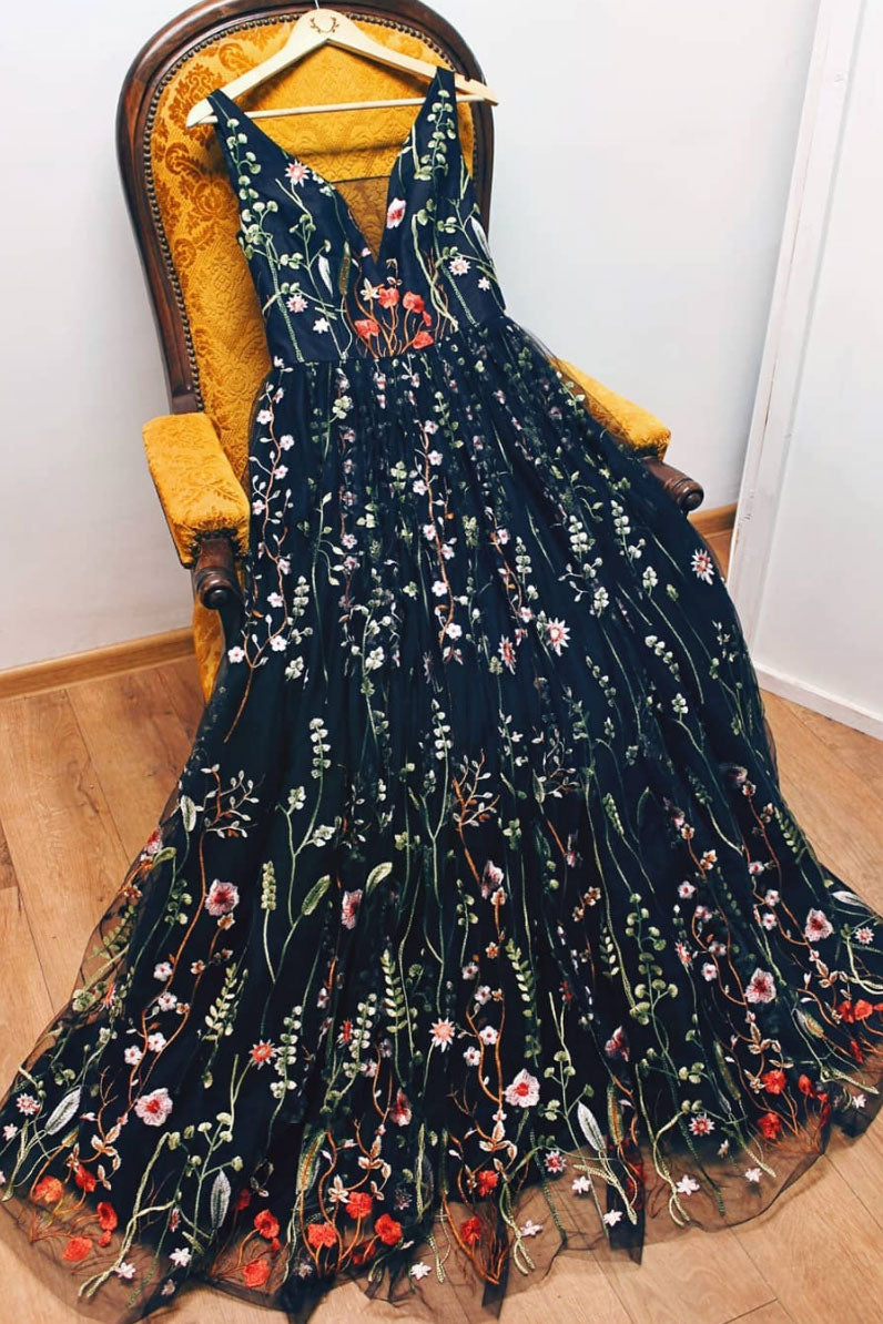 Black v neck tulle lace long prom dress, black tulle evening dress dresstby Black v neck tulle lace long prom dress, black tulle evening dress dresstby