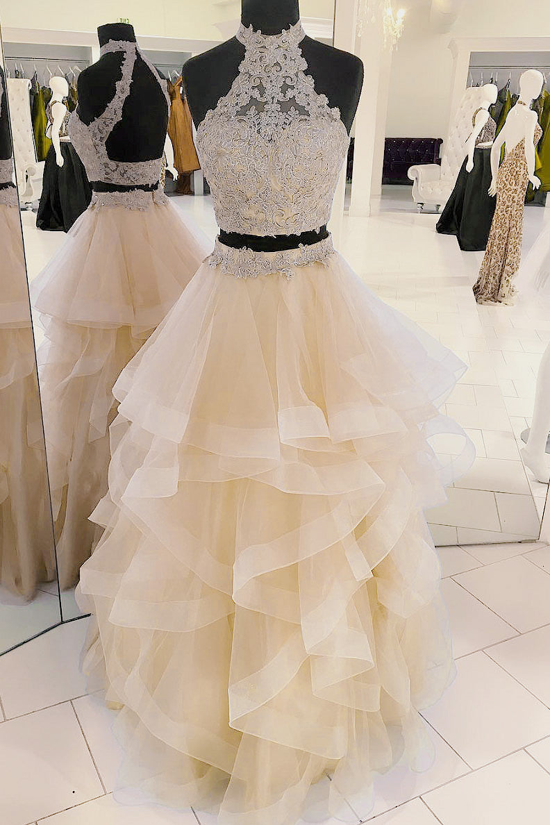 Champagne tulle two pieces long prom dress, champagne evening dress