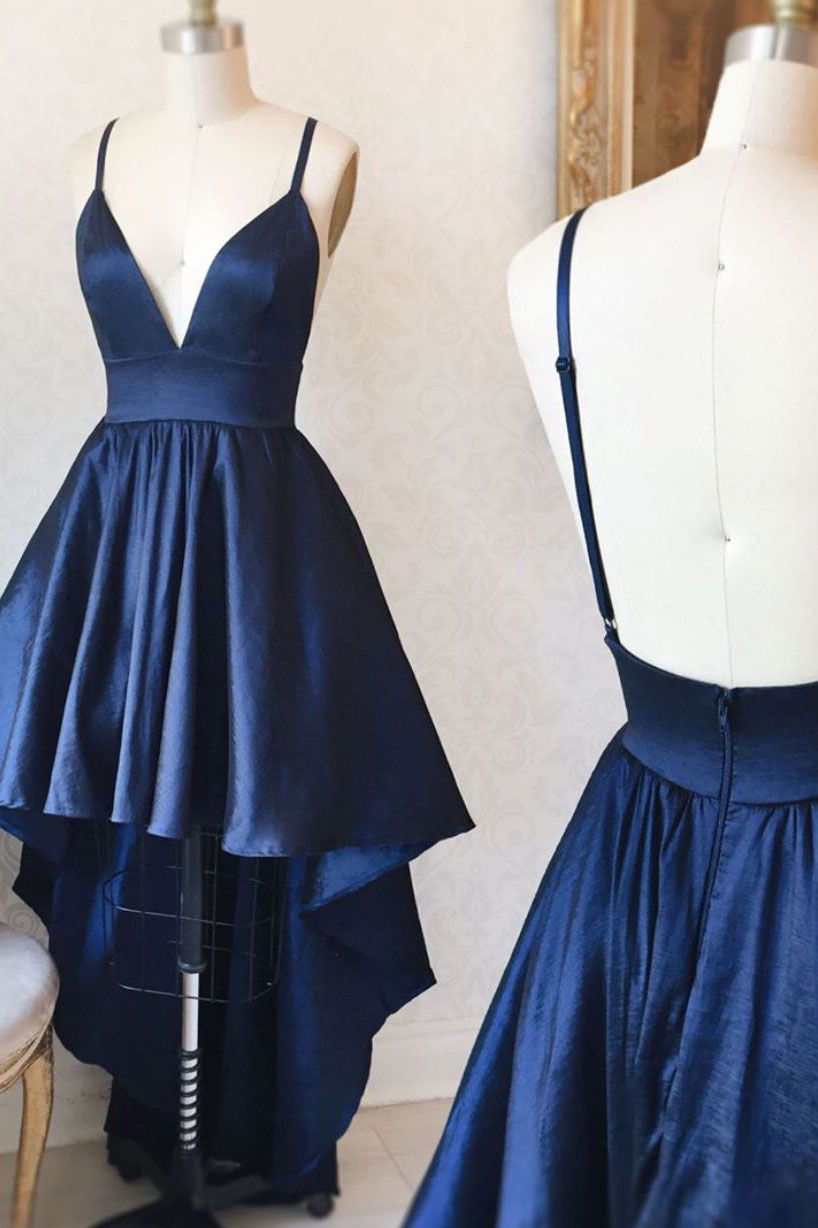 Dark blue v neck high low prom dress, dark blue evening dress